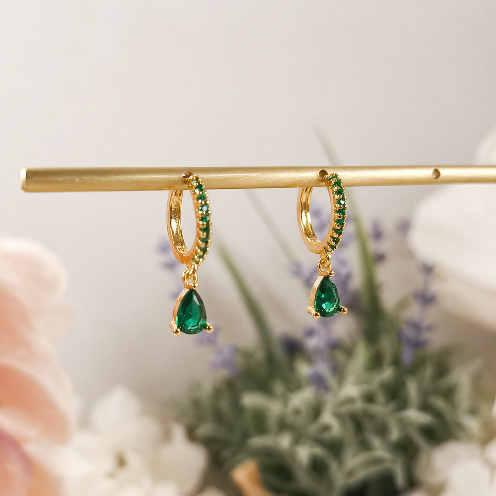 Gold Emerald Teardrop Huggie Hoop Earrings for Women E186