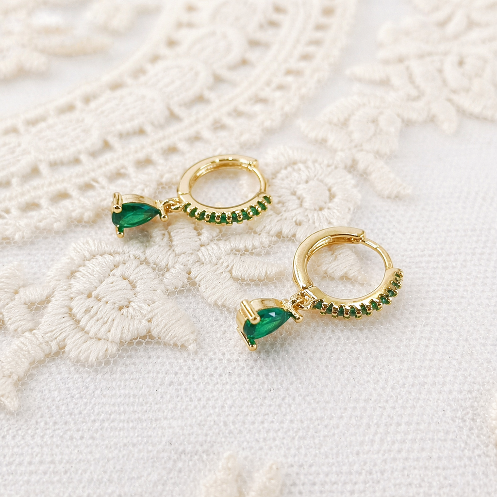 Gold Emerald Teardrop Huggie Hoop Earrings for Women E186