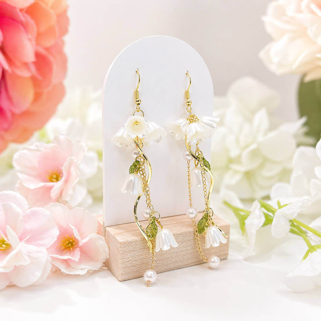 Lily of Valley White Flower Pearl Long Dangle Earrings E189