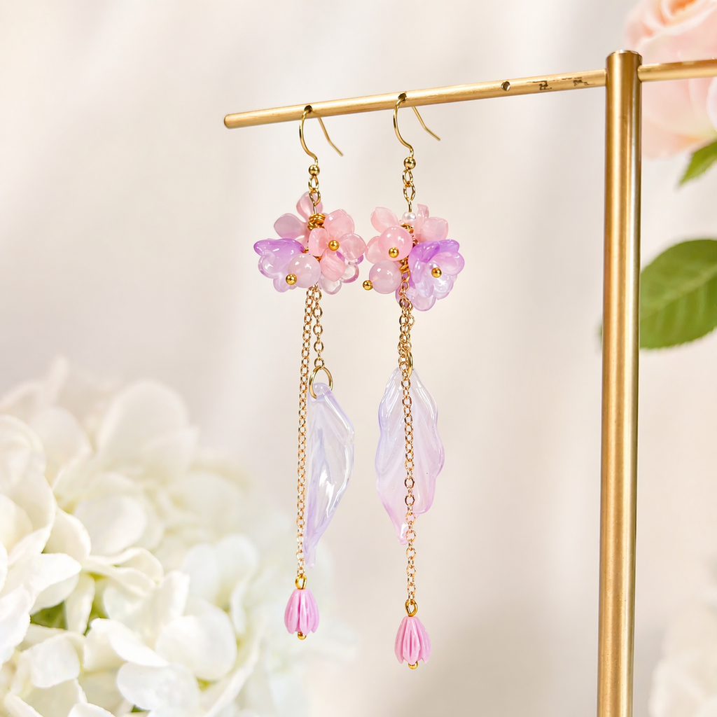 Pink Flower Long Dangle Earrings for Women Fairy Jewelry E194