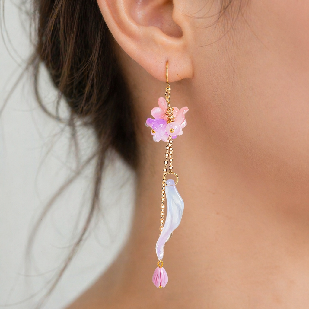 Pink Flower Long Dangle Earrings for Women Fairy Jewelry E194