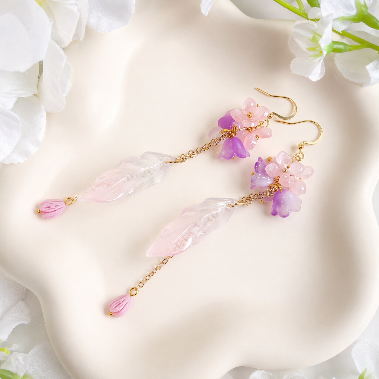 Pink Flower Long Dangle Earrings for Women Fairy Jewelry E194