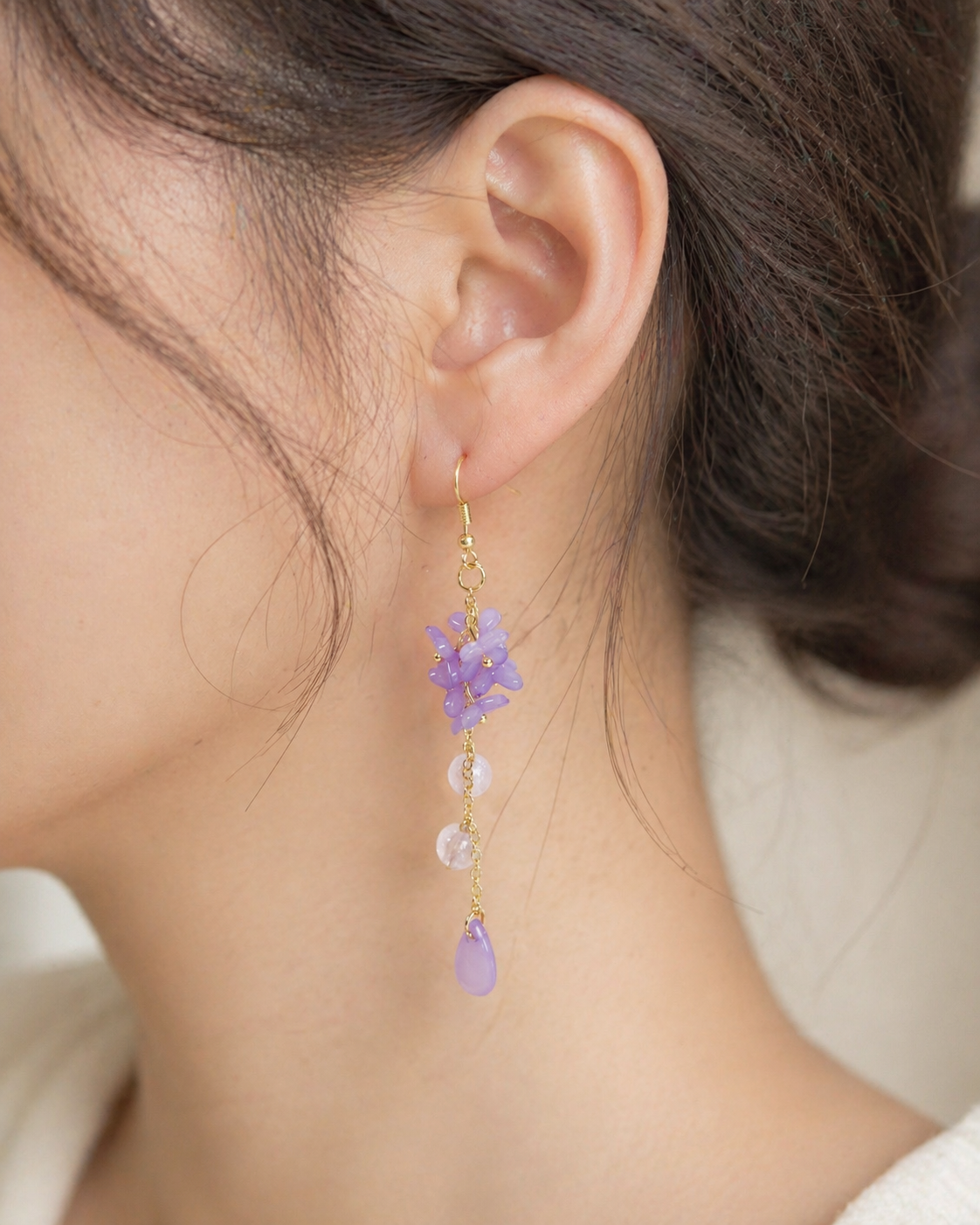 Gold Purple Flower Beaded Dangle Earrings for Women E195