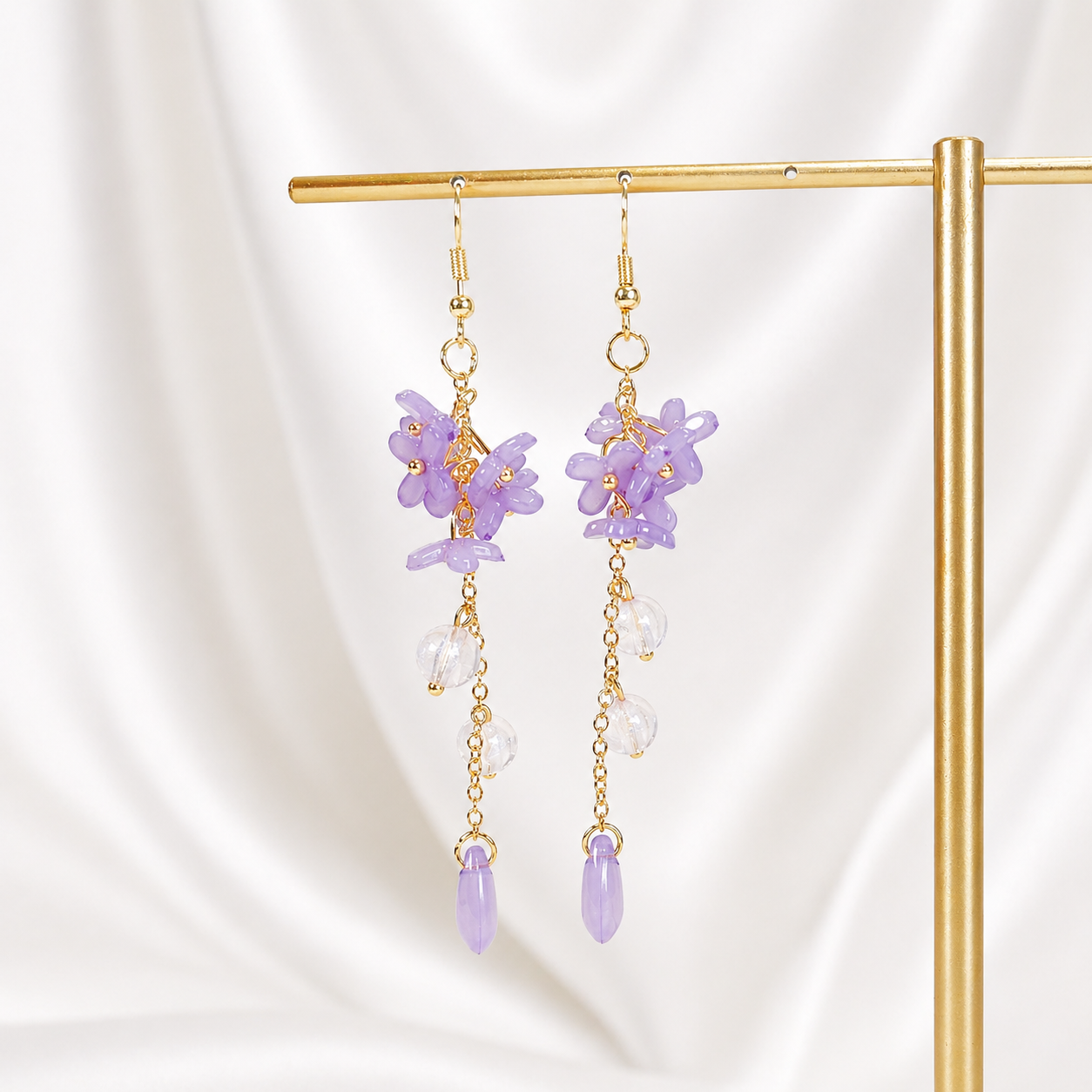 Gold Purple Flower Beaded Dangle Earrings for Women E195