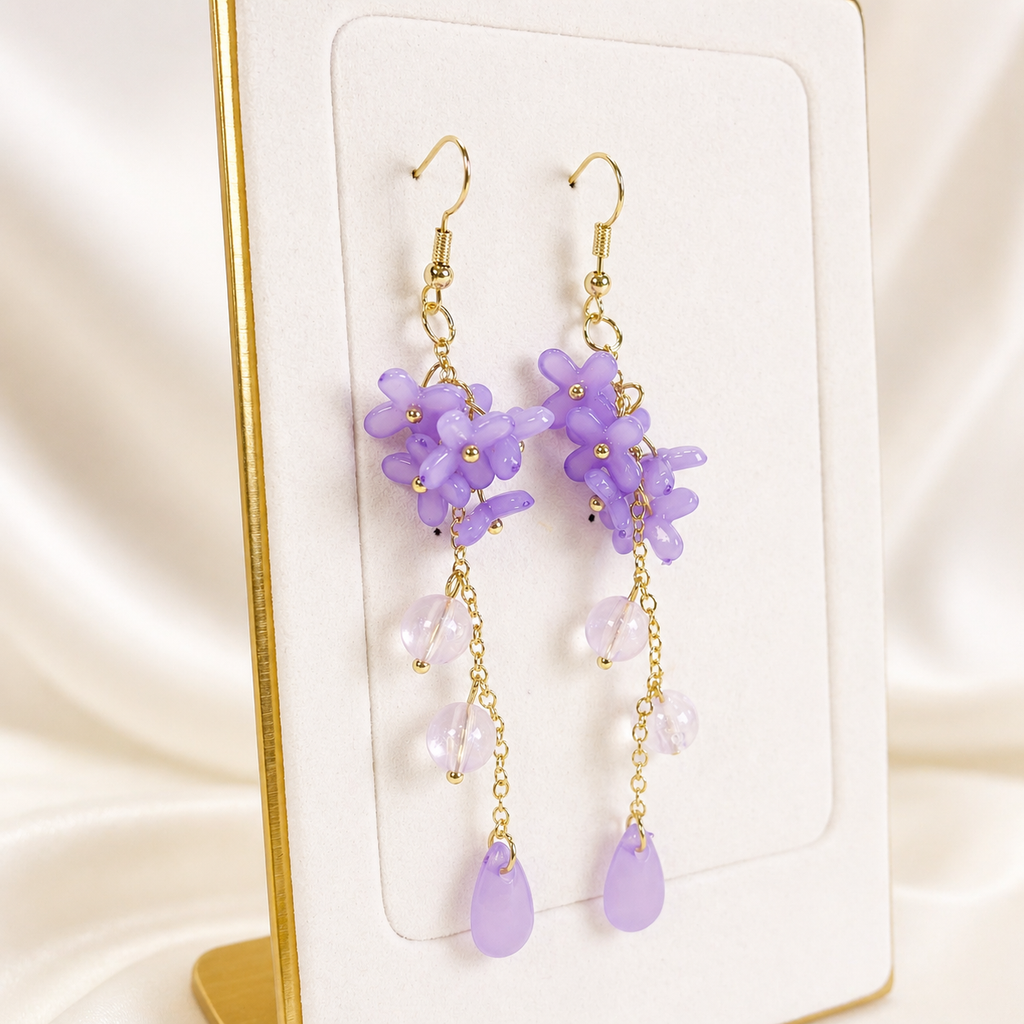 Gold Purple Flower Beaded Dangle Earrings for Women E195
