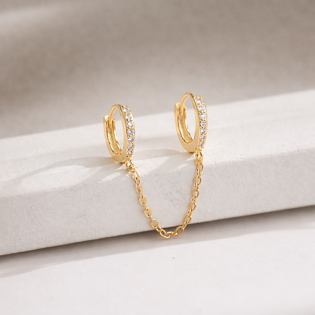 Double Paved Huggie Hoop Chain Single Earrings E128