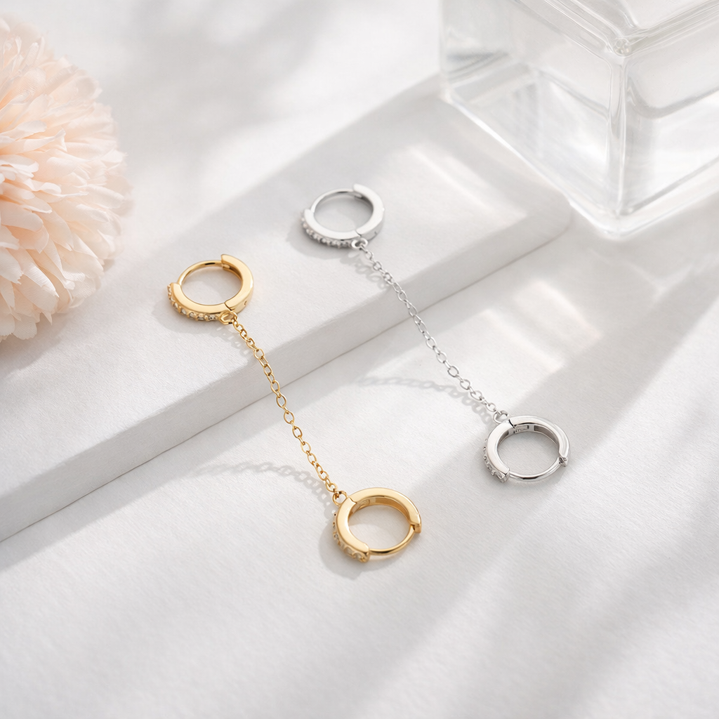 Double Paved Huggie Hoop Chain Single Earrings E128