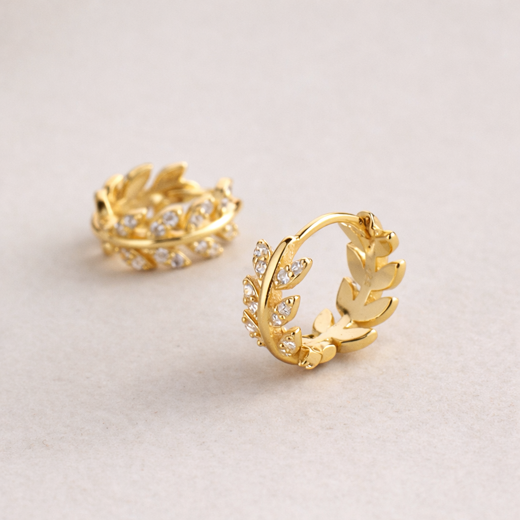 Gold Leaf Huggie Hoop Earrings E043