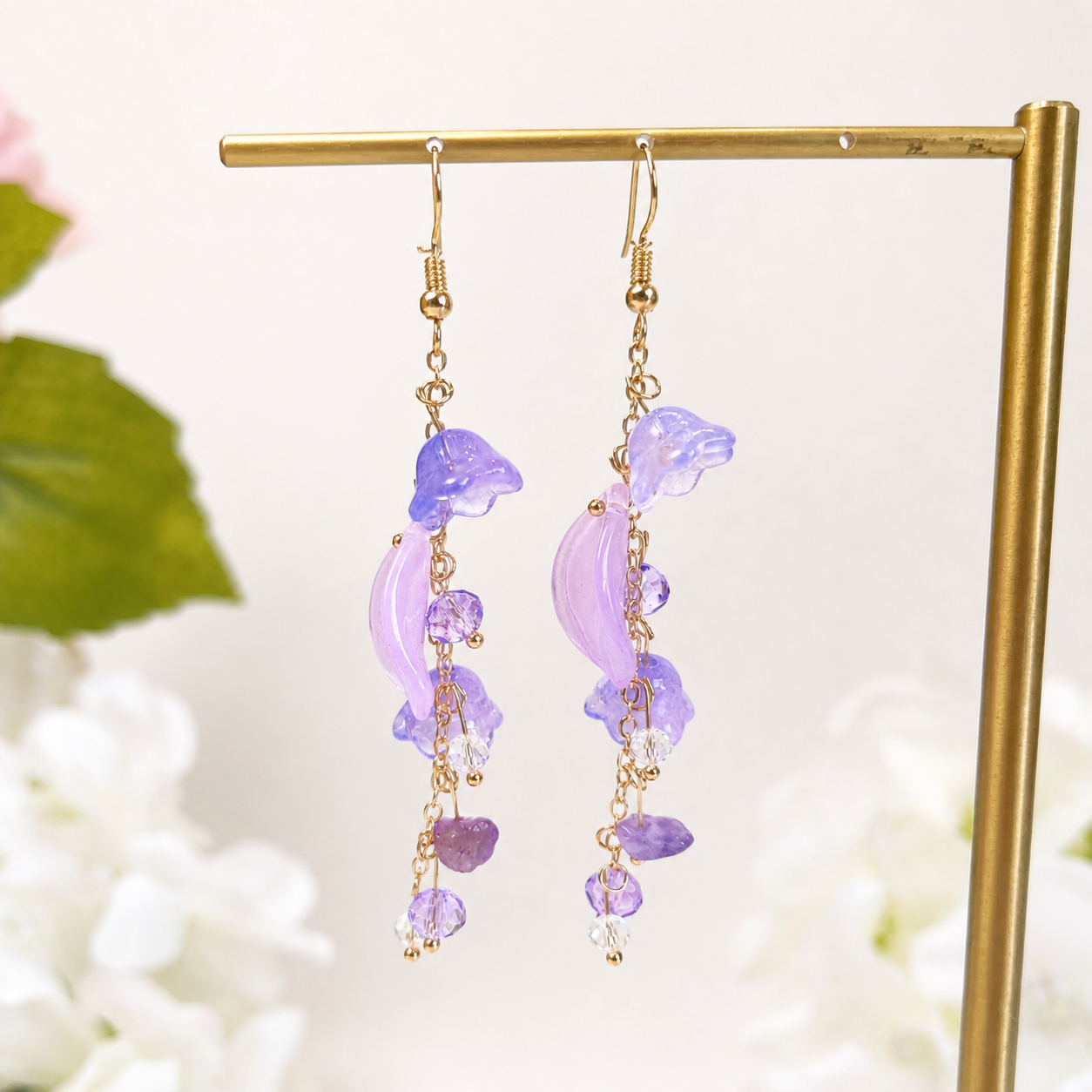 Purple Flower Crystal Dangle Earrings for Women E196