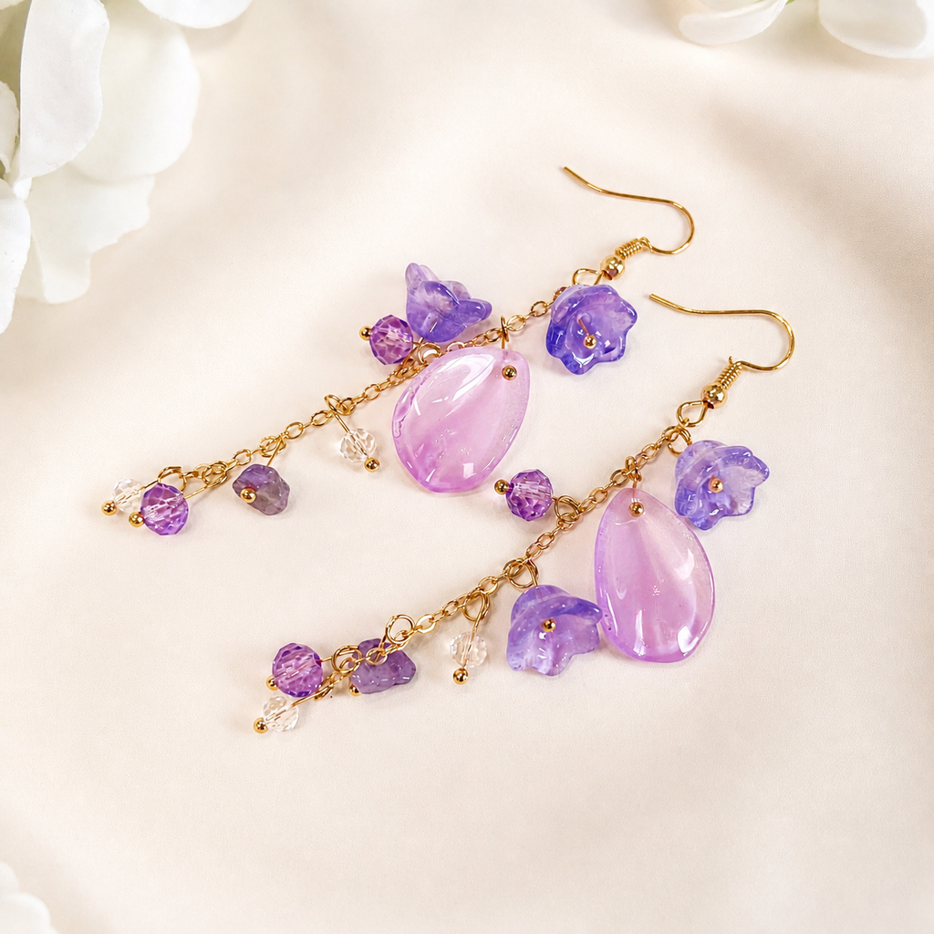 Purple Flower Crystal Dangle Earrings for Women E196