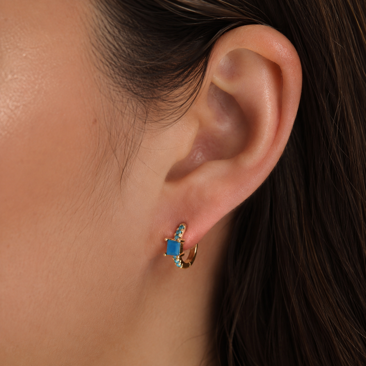 Gold Turquoise Square Stone Huggie Hoop Earrings E282