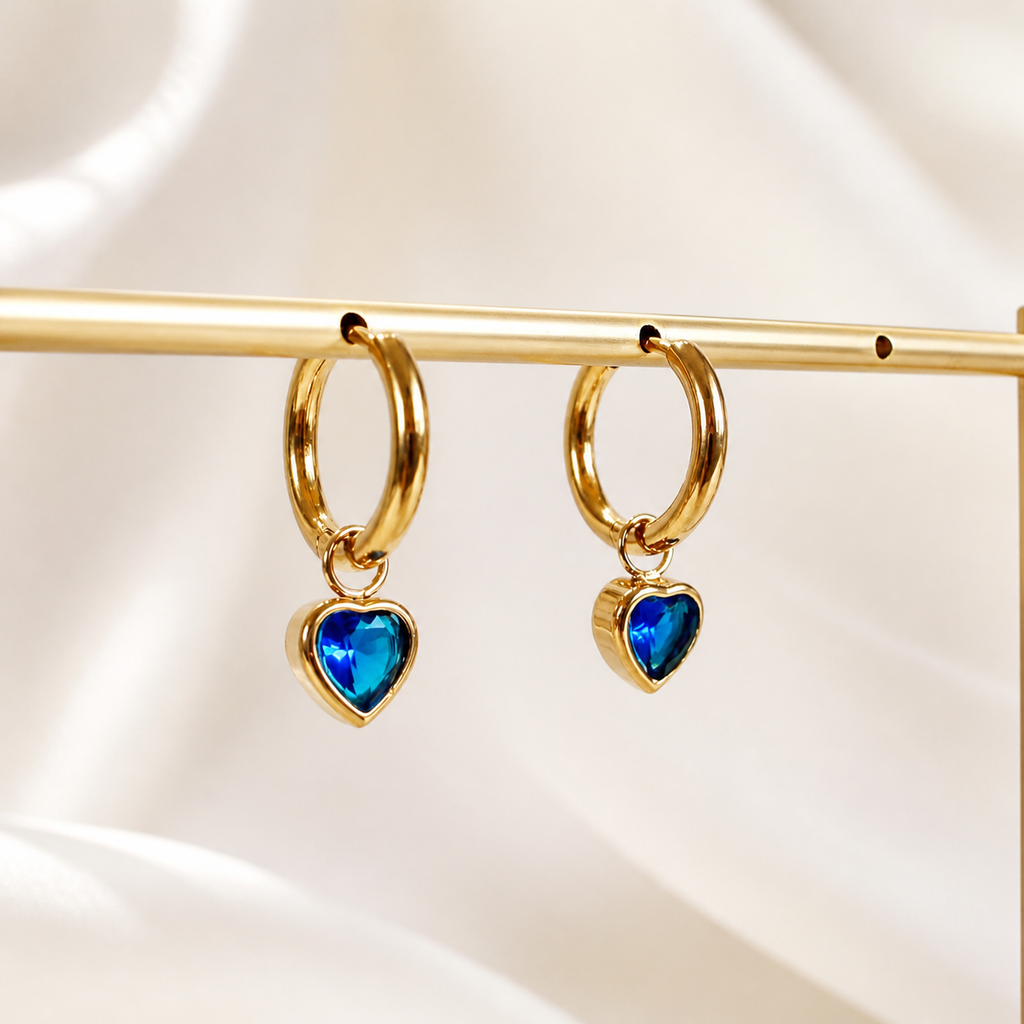 Gold Heart Charm Huggie Hoop Dangle Earrings E199