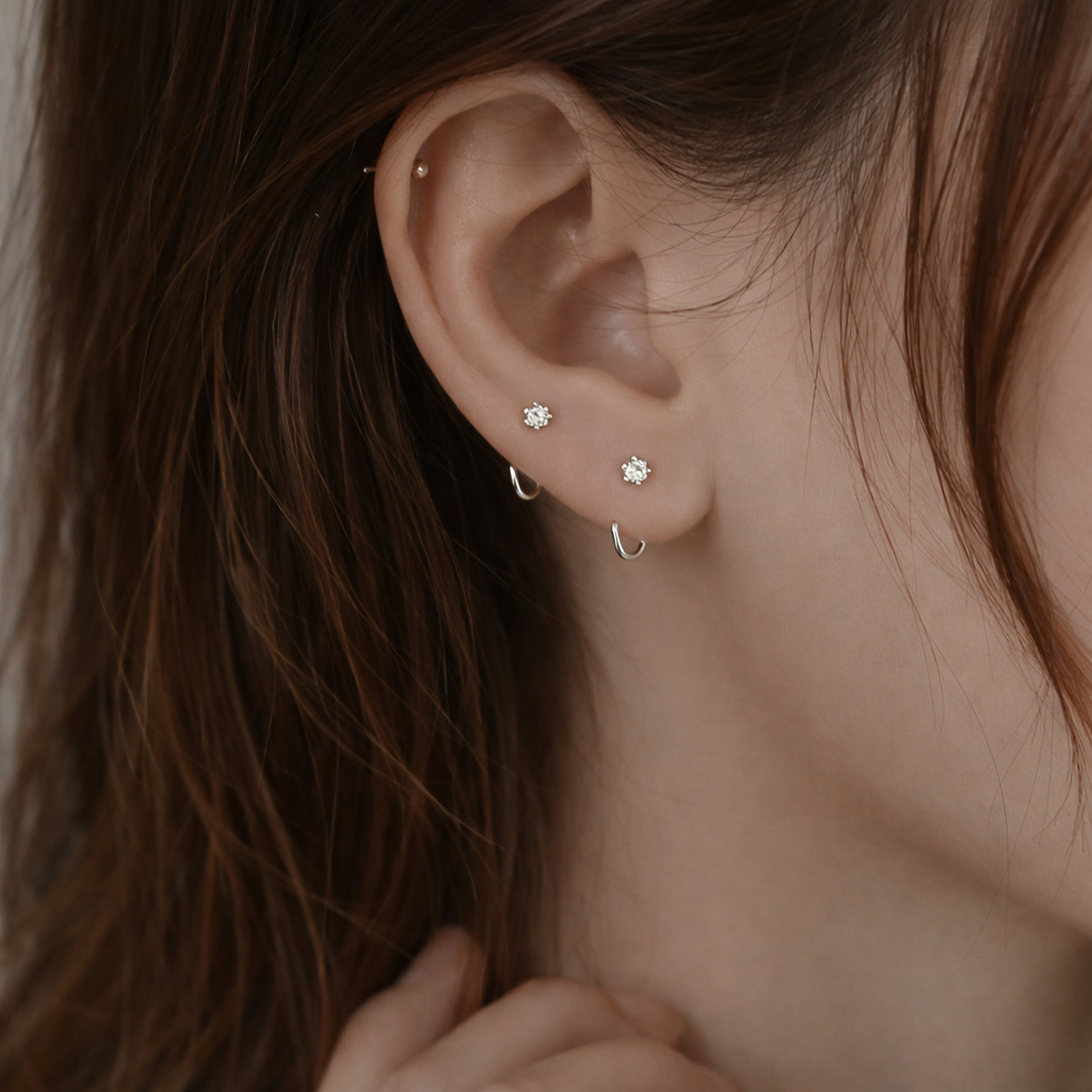 Dainty CZ Solitaire C Shape Open Hoop Women Earrings E141