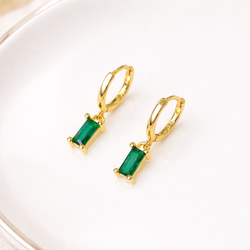 Gold Emerald Green Baguette Drop Huggie Hoop Earrings For Women E150