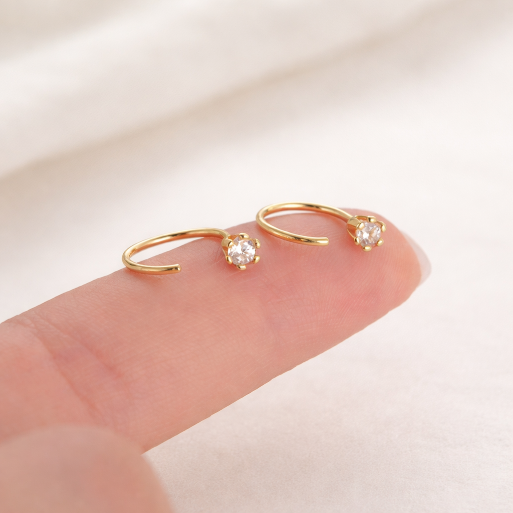 Dainty CZ Solitaire C Shape Open Hoop Women Earrings E141