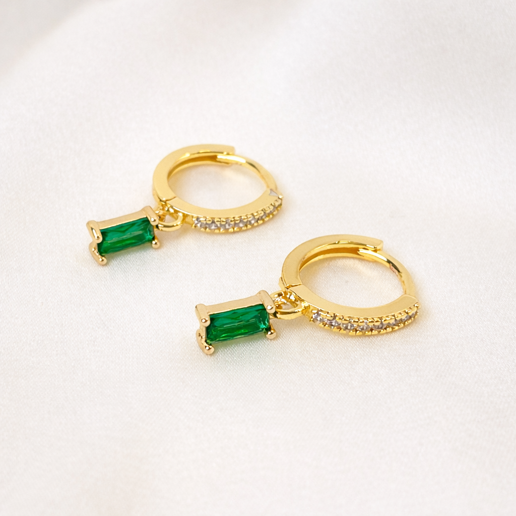 Gold Baguette CZ Drop Pave Huggie Hoop Earrings For Women E143