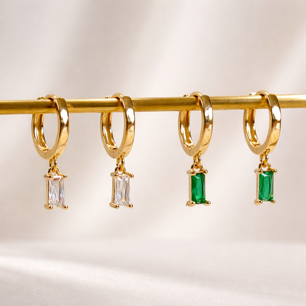 Gold Huggie Hoop Dainty Cubic Zirconia Baguette Earrings E166