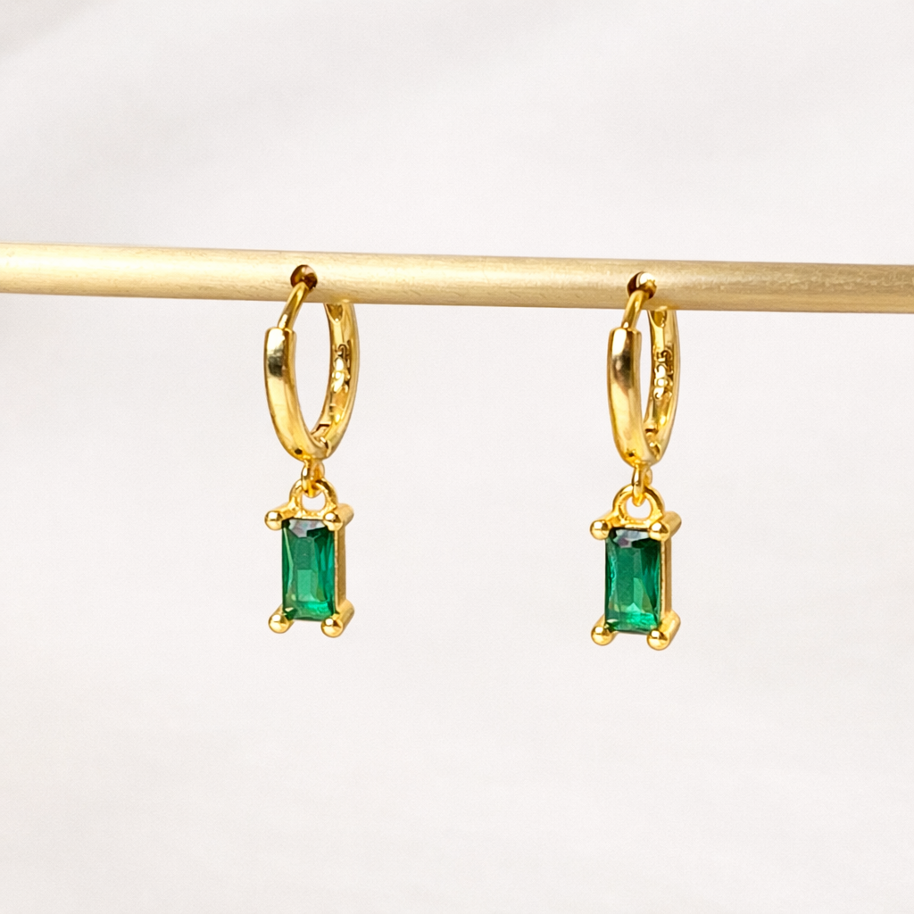 Gold Emerald Green Baguette Drop Huggie Hoop Earrings For Women E150