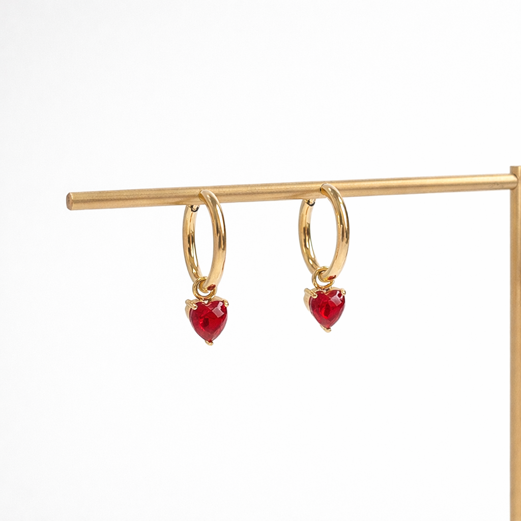 Gold Heart Huggie Hoop Earrings Red Gemstone Dangle for Women E169