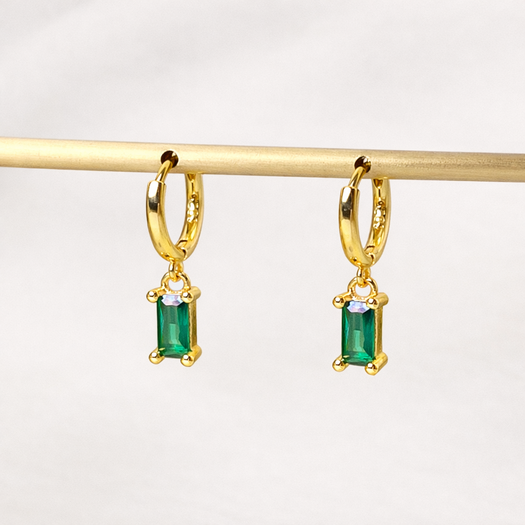 Gold Emerald Green Baguette Drop Huggie Hoop Earrings For Women E150