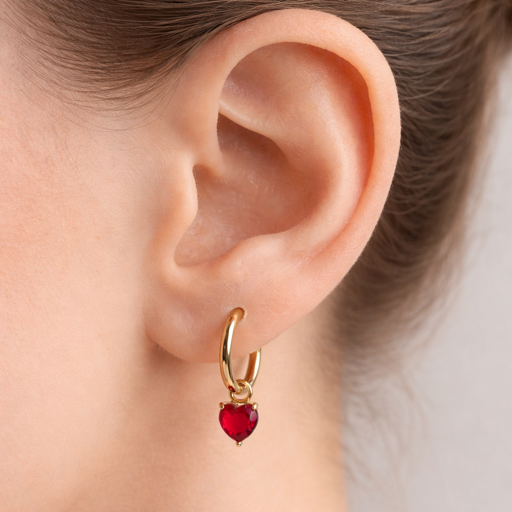 Gold Heart Huggie Hoop Earrings Red Gemstone Dangle for Women E169