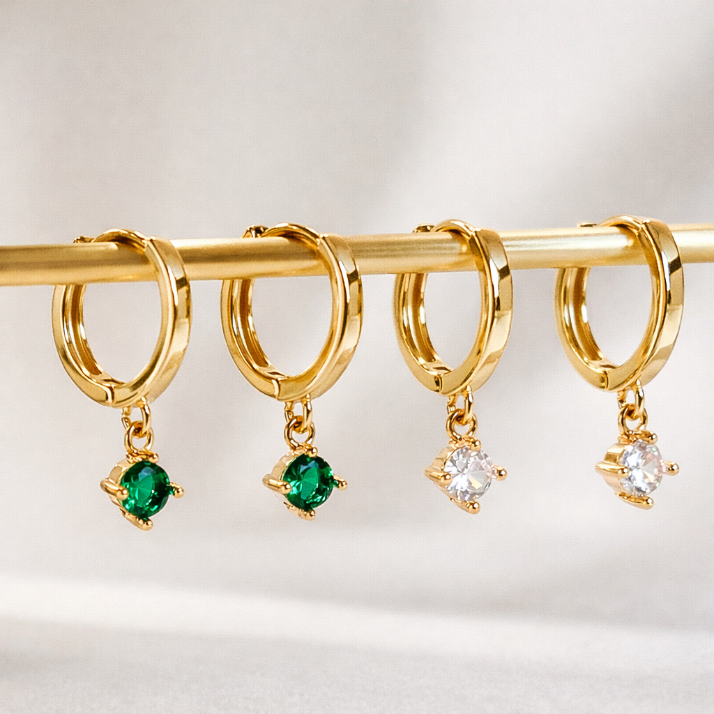 Gold Huggie Hoop Dainty Cubic Zirconia Solitaire Earrings E165