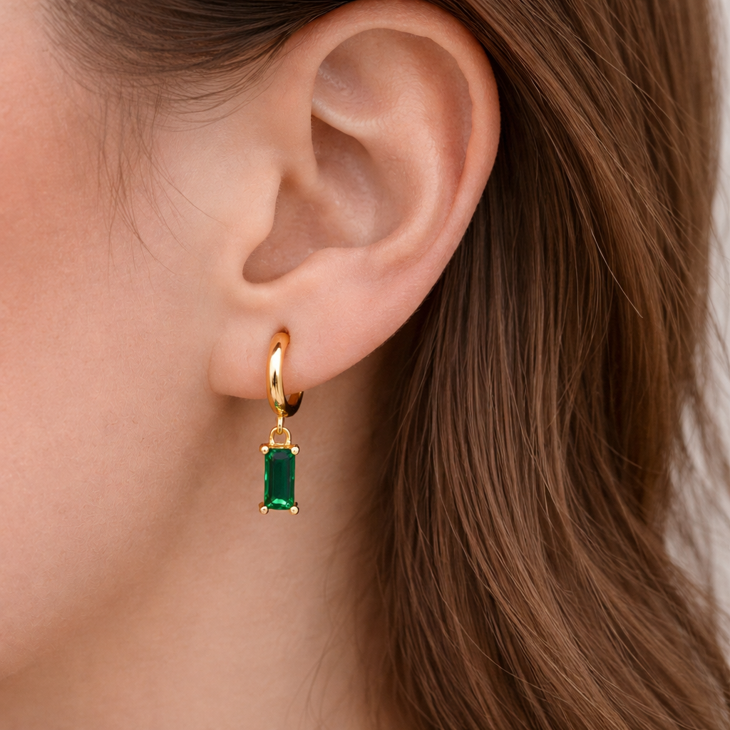 Gold Emerald Green Baguette Drop Huggie Hoop Earrings For Women E150