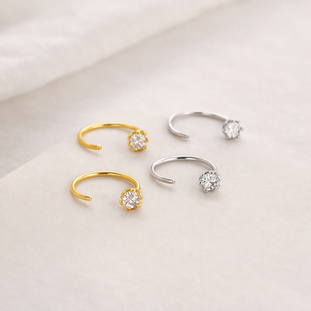 Dainty CZ Solitaire C Shape Open Hoop Women Earrings E141