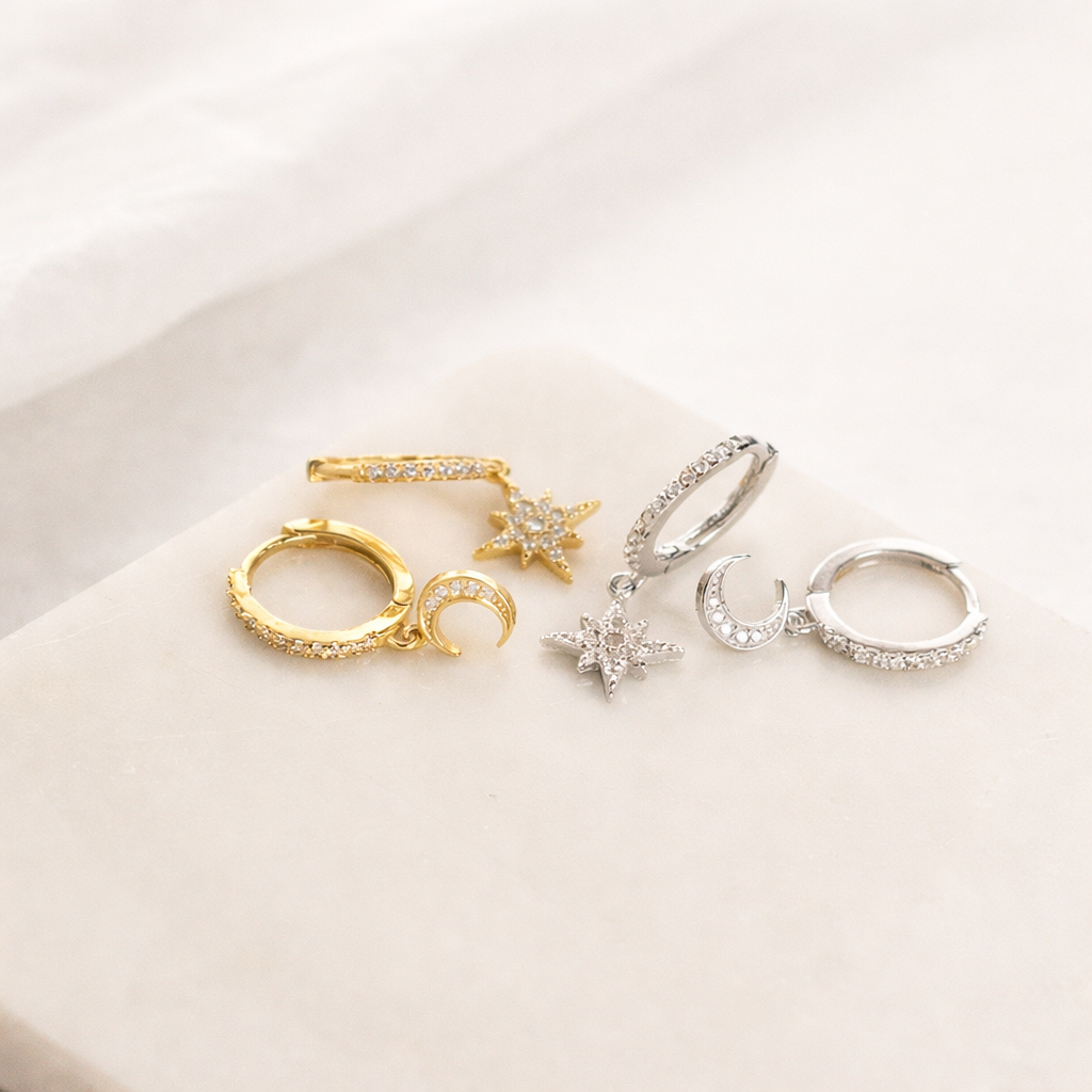 Moon star huggie dangle earrings, celestial earrings E140