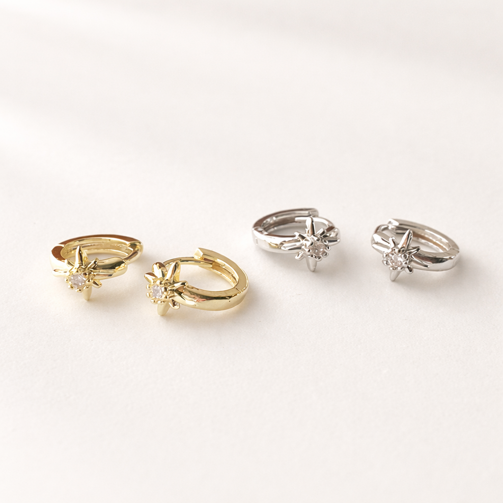 Gold Starburst Huggie Hoop Earrings with Cubic Zirconia for Women E168