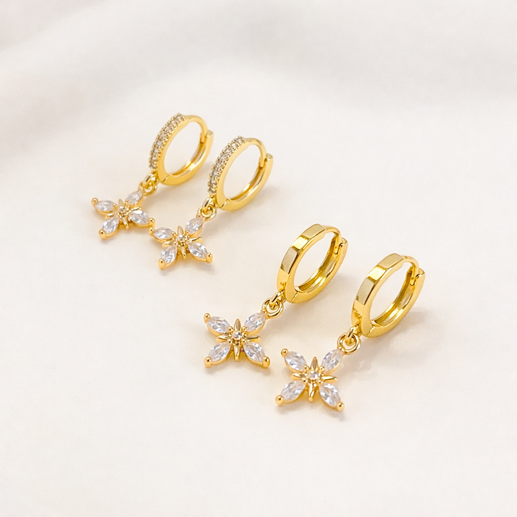 Gold Pave CZ Flower Drop Huggie Hoop Earrings For Women E148