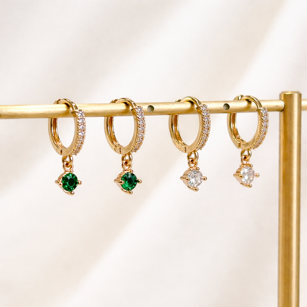 Gold Pave CZ Solitaire Drop Huggie Hoop Earrings For Women E156