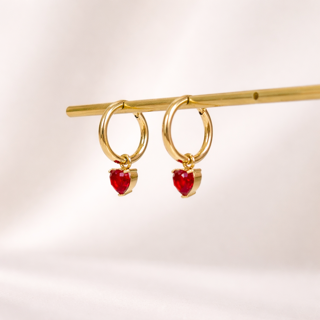 Gold Heart Huggie Hoop Earrings Red Gemstone Dangle for Women E169