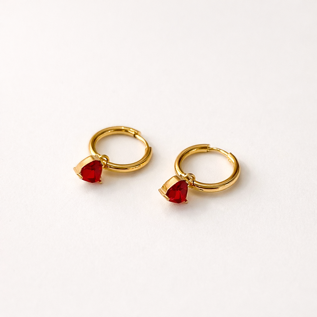 Gold Heart Huggie Hoop Earrings Red Gemstone Dangle for Women E169