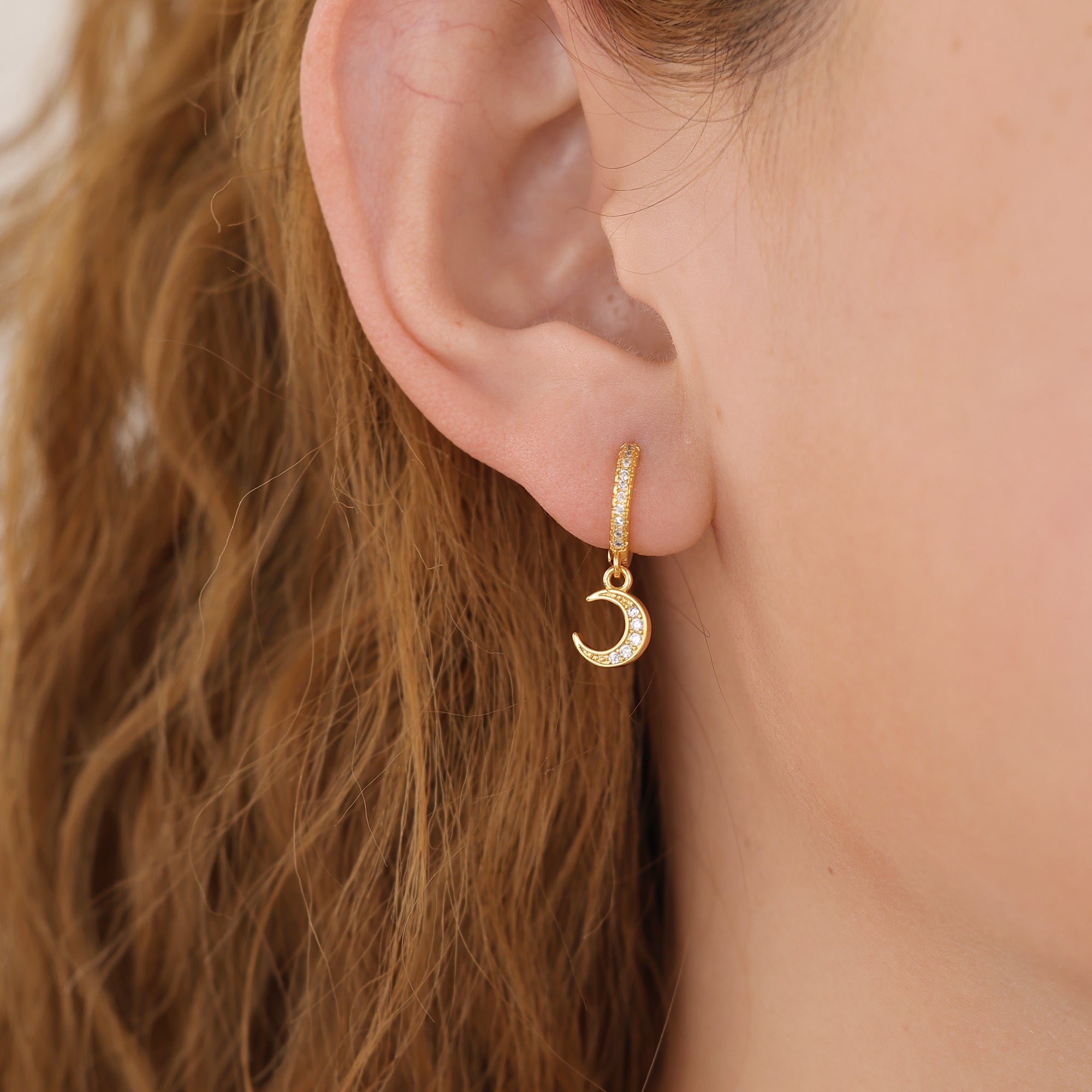 Gold Pave Star And Moon Asymmetrical Huggie Hoop Drop Earrings E140