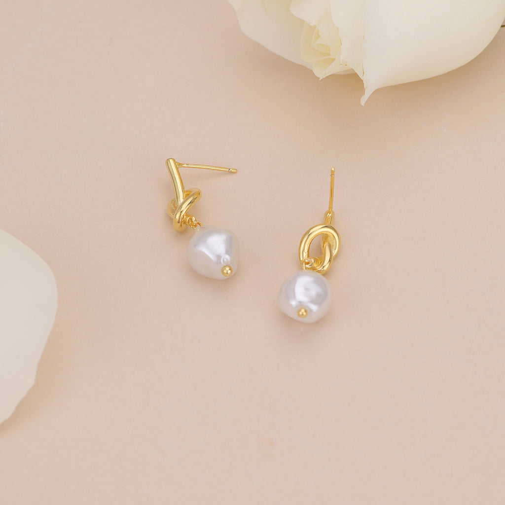 Gold Love Knot Dangle Pearl Earrings E161