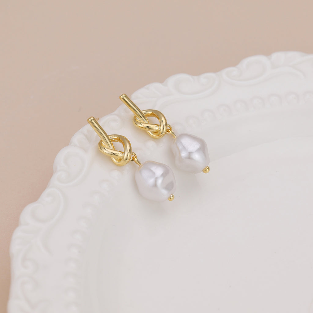 Gold Love Knot Dangle Pearl Earrings E161