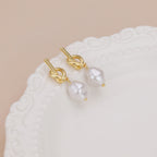 Gold Love Knot Dangle Pearl Earrings E161