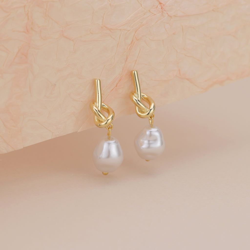 Gold Love Knot Dangle Pearl Earrings E161