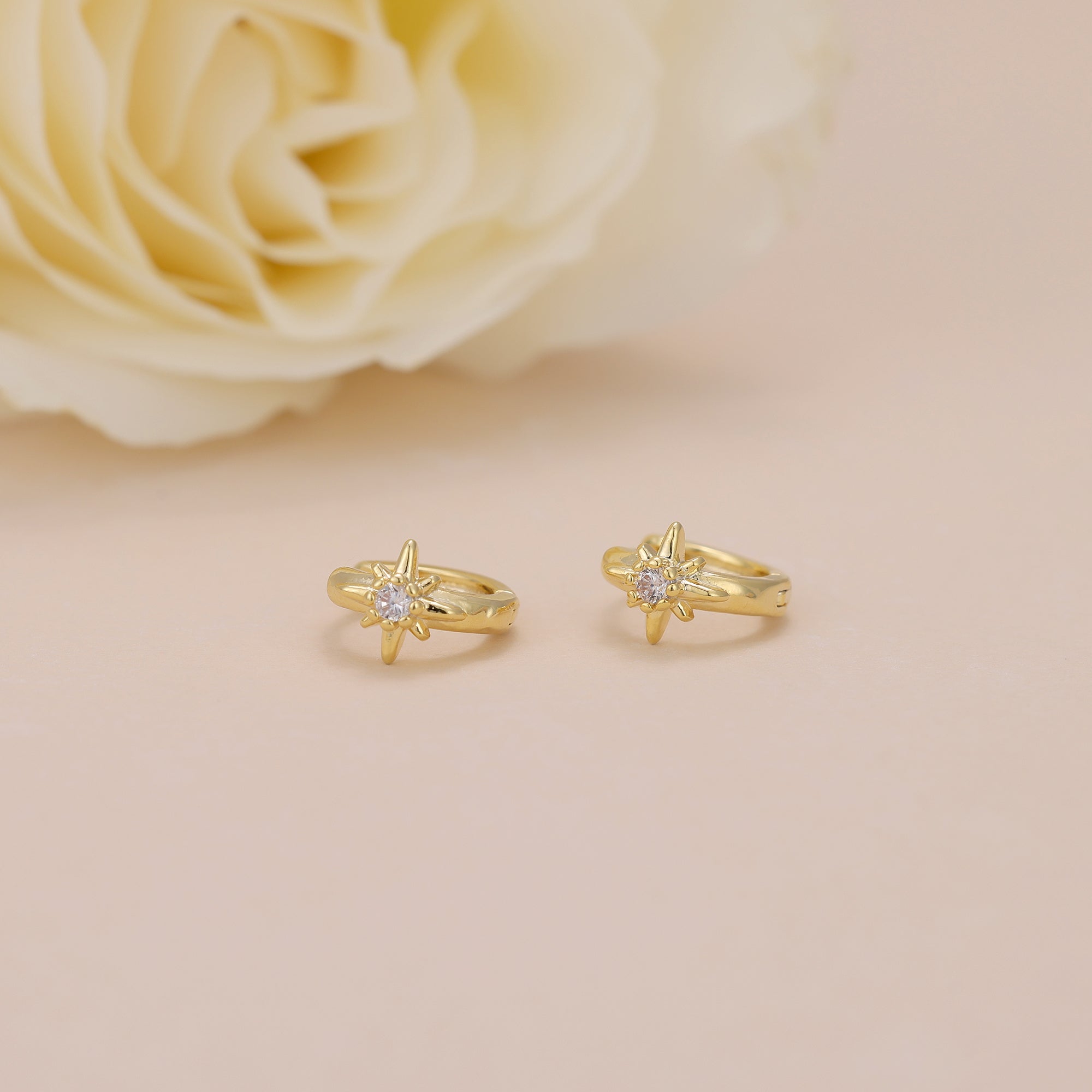 Gold Starburst Huggie Hoop Earrings with Cubic Zirconia for Women E168