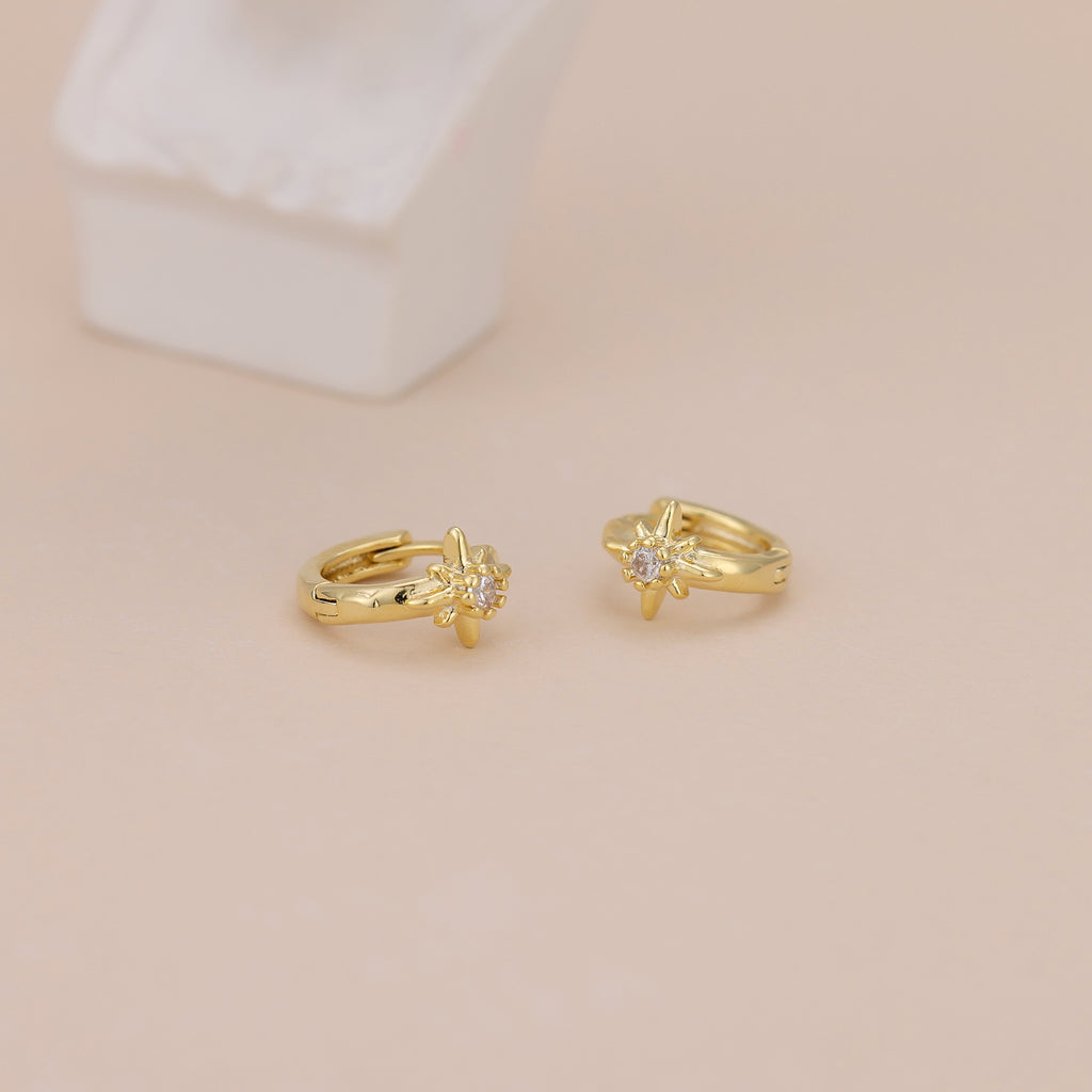 Gold Starburst Huggie Hoop Earrings with Cubic Zirconia for Women E168