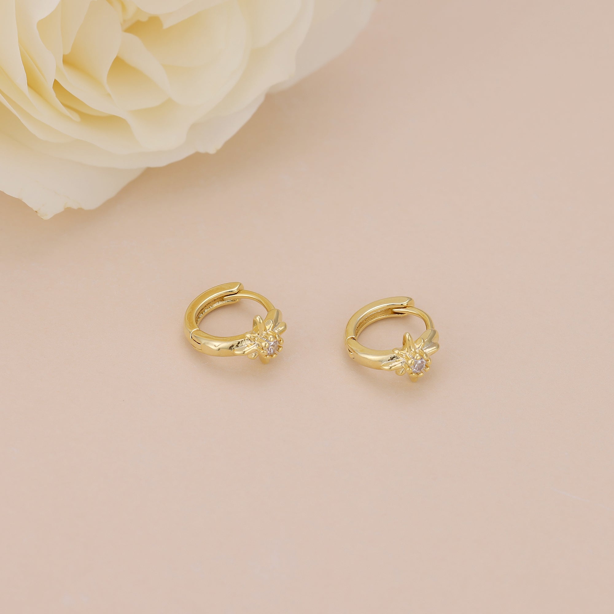Gold Starburst Huggie Hoop Earrings with Cubic Zirconia for Women E168