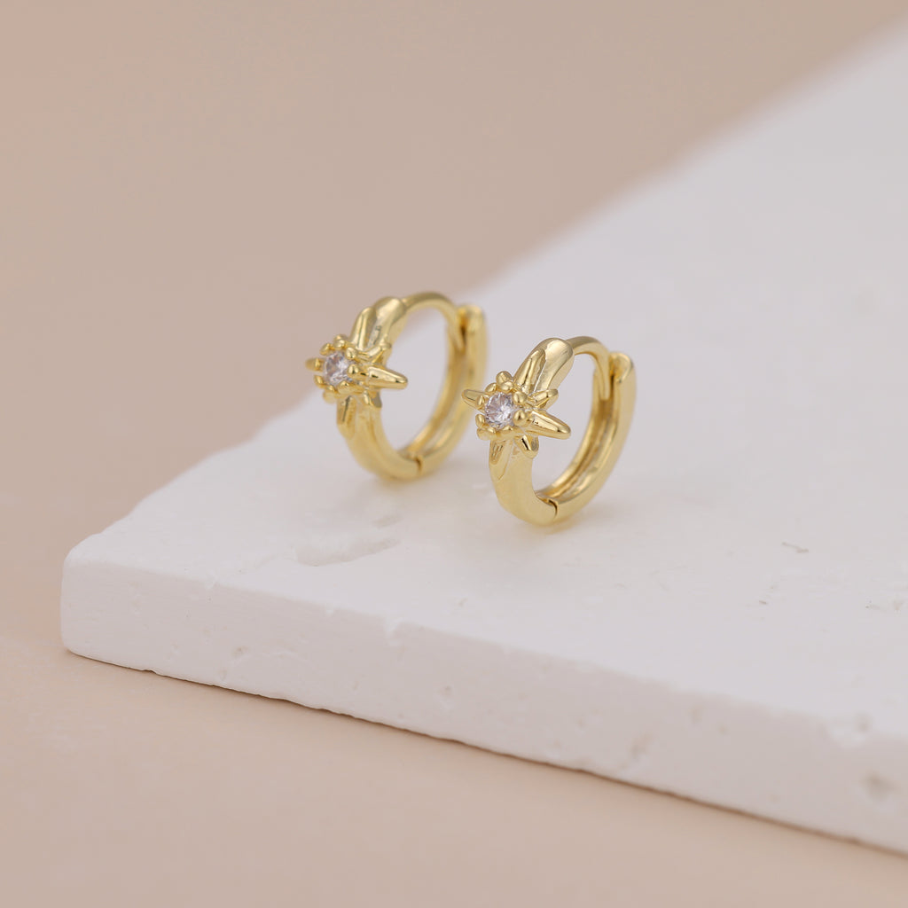 Gold Starburst Huggie Hoop Earrings with Cubic Zirconia for Women E168