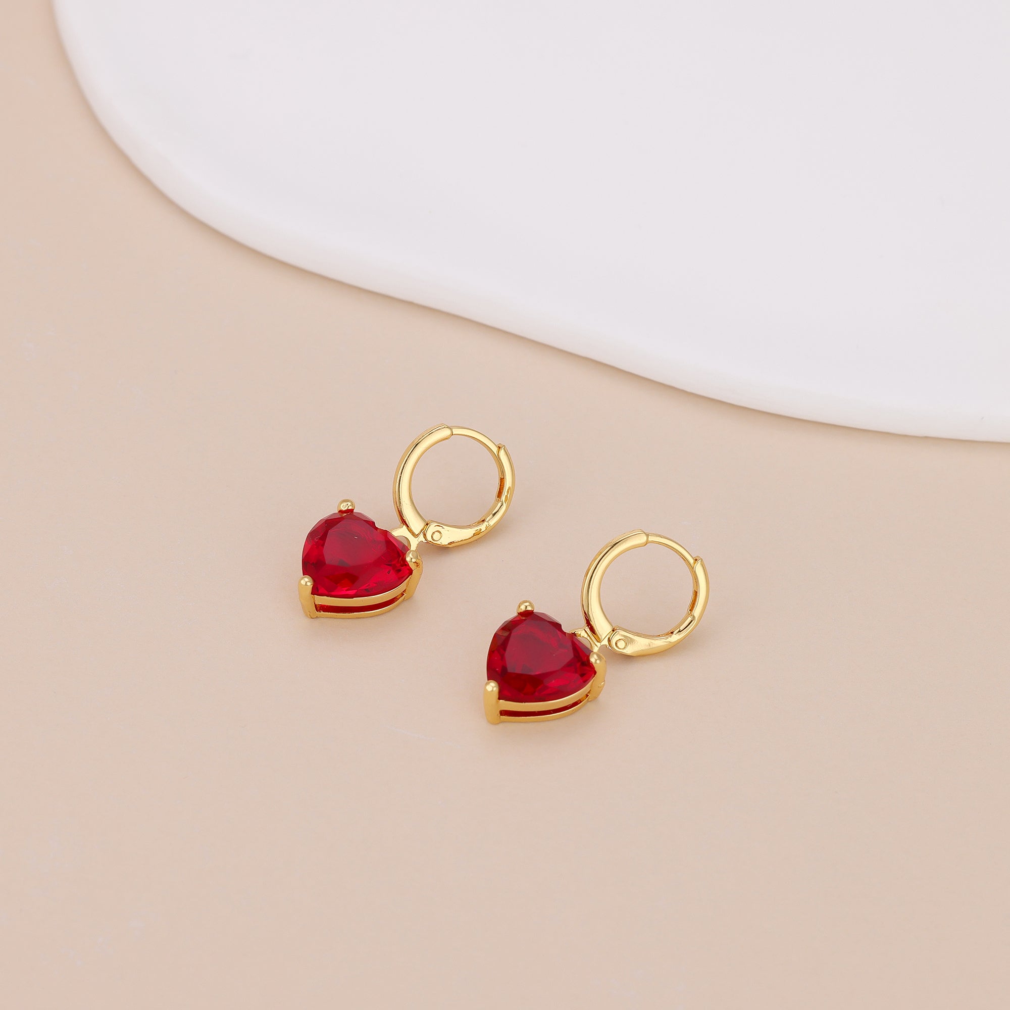 Gold Plated Red Heart Drop Huggie Hoop Earrings For Women E149