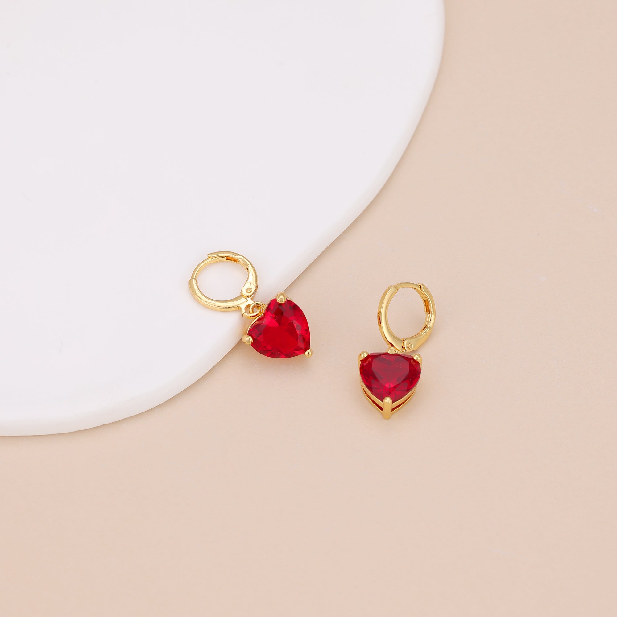 Gold Plated Red Heart Drop Huggie Hoop Earrings For Women E149