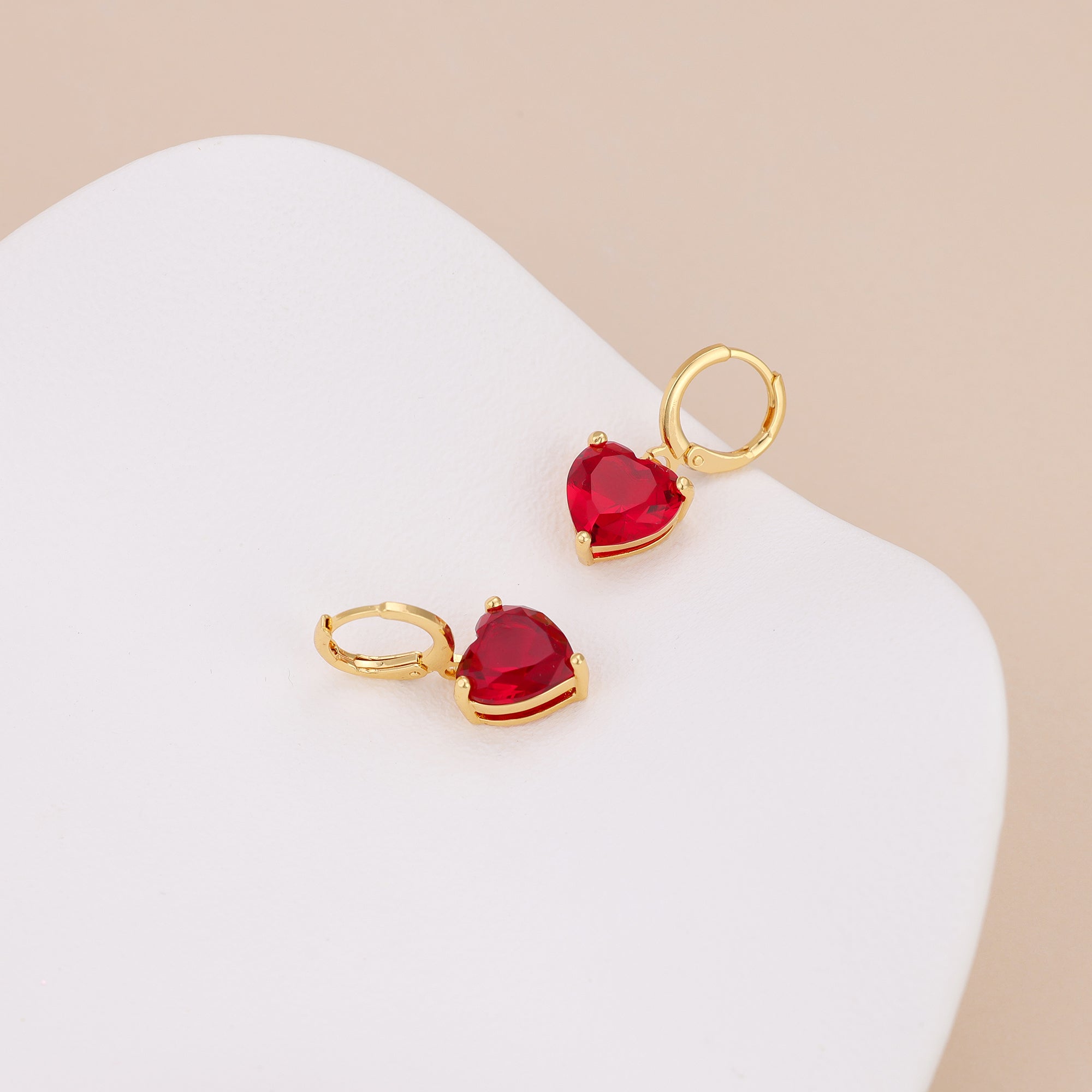Gold Plated Red Heart Drop Huggie Hoop Earrings For Women E149
