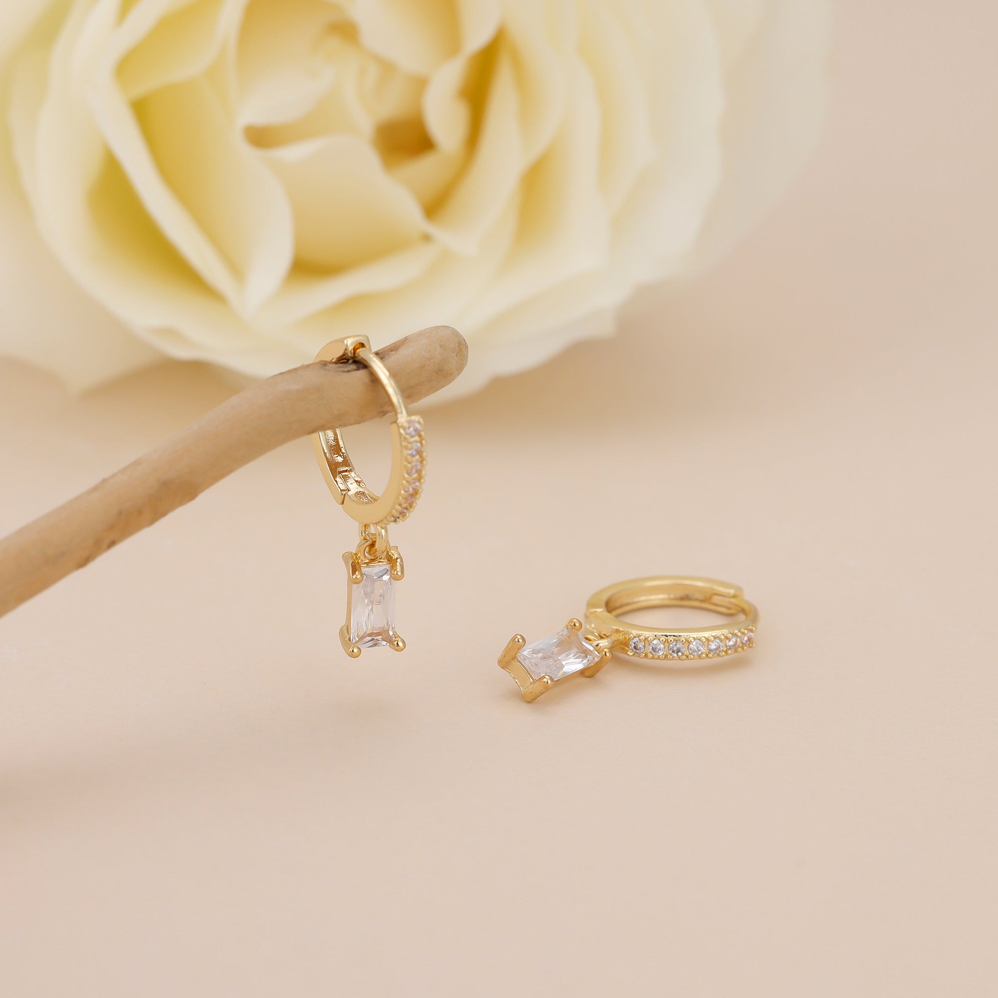 Gold Baguette CZ Drop Pave Huggie Hoop Earrings For Women E143