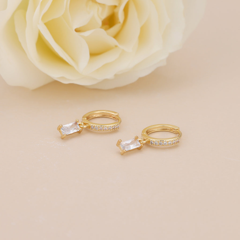 Gold Baguette CZ Drop Pave Huggie Hoop Earrings For Women E143