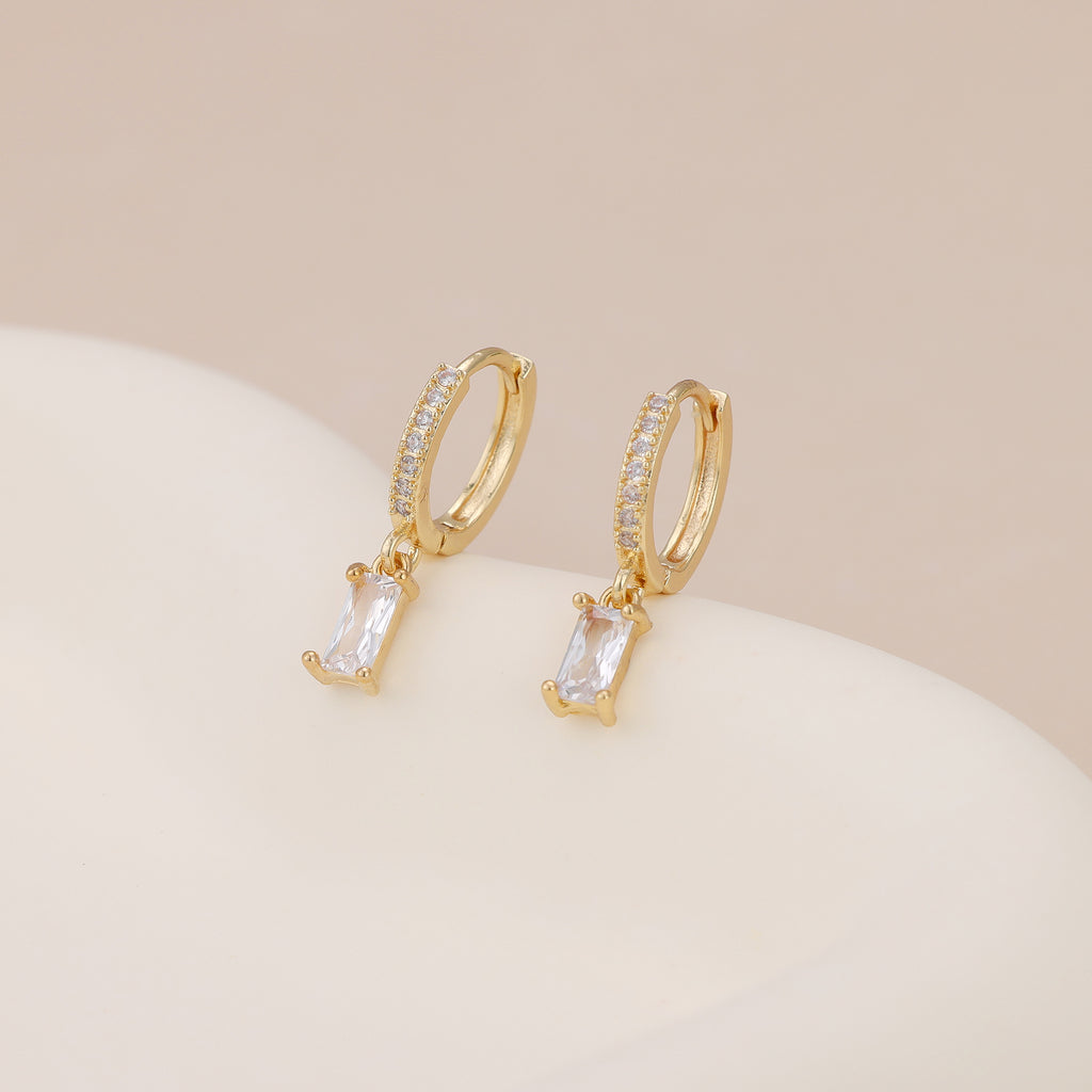 Gold Baguette CZ Drop Pave Huggie Hoop Earrings For Women E143