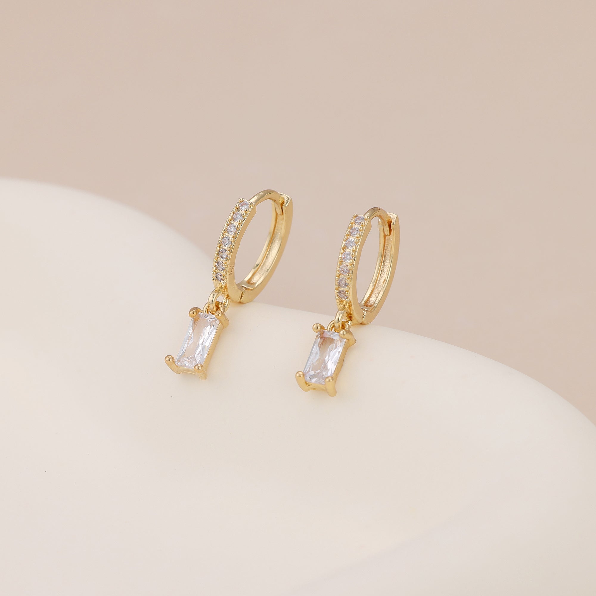 Gold Baguette CZ Drop Pave Huggie Hoop Earrings For Women E143